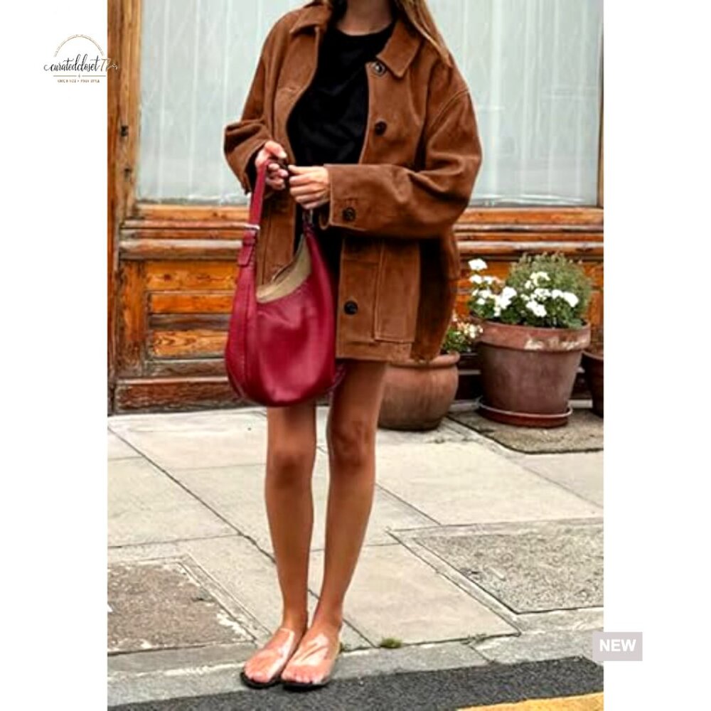 Faux Suede Leather Boyfriend Shacket Midi Long Button Down Casual Coat - Picture 3 of 6